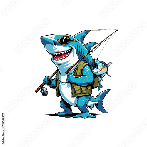 Cartoon Shark Angler with Fishing Rod & Catch | Funny Fisherman Mascot

