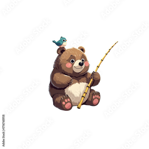 Cute Cartoon Bear Fishing with Little Blue Bird Illustration
