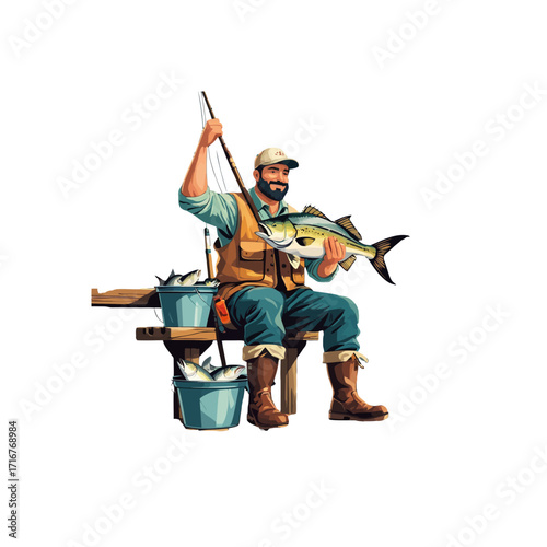 Cartoon Fisherman with Big Catch | Fishing Illustration
