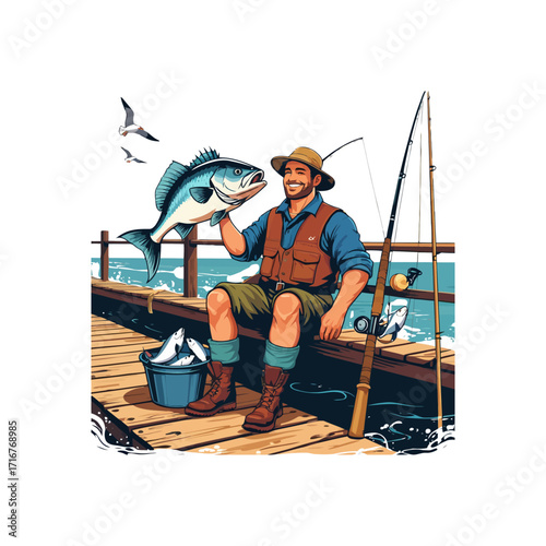 Happy Fisherman with Big Catch on Wooden Pier
