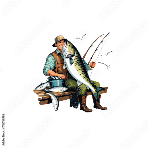 Fisherman Holding Large Mackerel Catch Illustration
