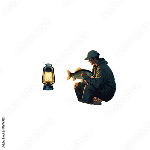 Night Fishing Success: Angler with Fresh Catch & Lantern Glow

