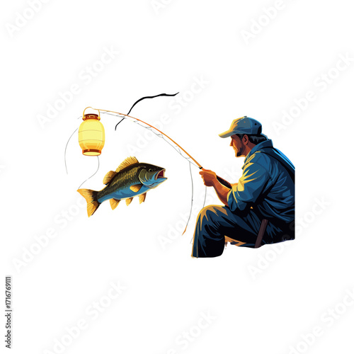 Fisherman Catching Fish at Night with Lantern

