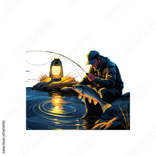 Night Fishing Scene: Man with Lantern Catches Fish in Reflective Water
