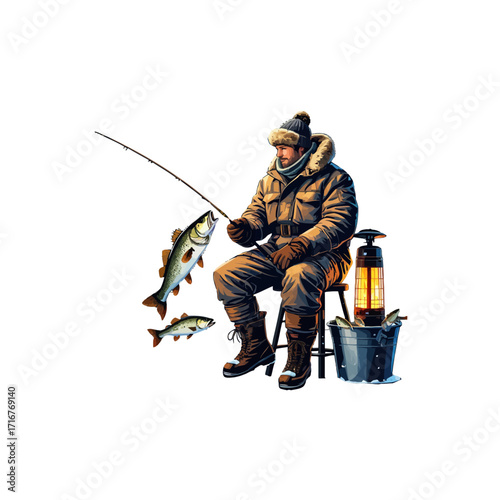 Man Ice Fishing with Winter Catch - Seasonal Fishermen Lifestyle
