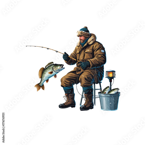 Man Ice Fishing in Winter | Angler Catches Fish on Frozen Lake
