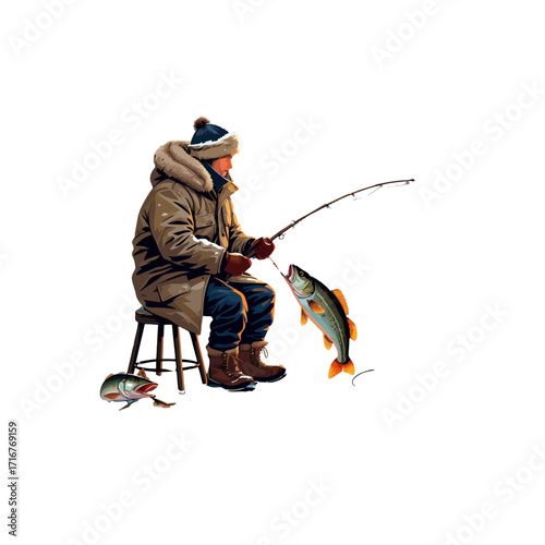 Ice Fishing Fun: Fisherman Catches Fish in Winter
