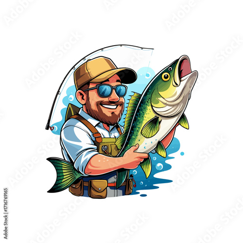 Happy Fisherman with Big Catch Vector Illustration
