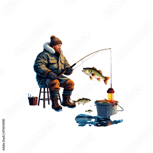Man Ice Fishing for Perch in Winter | Fisherman Catching Fish on Frozen Lake
