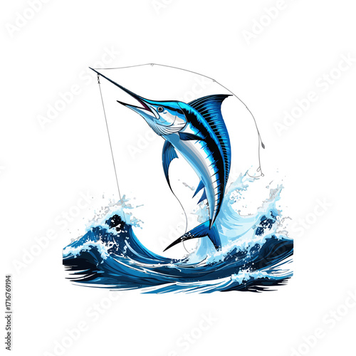 Blue Marlin Fishing Art: Jumping Fish & Rod Illustration
