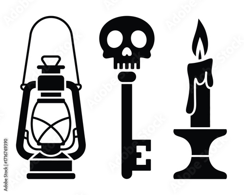 Silhouette of a vintage lantern skull key and candle in a candlestick