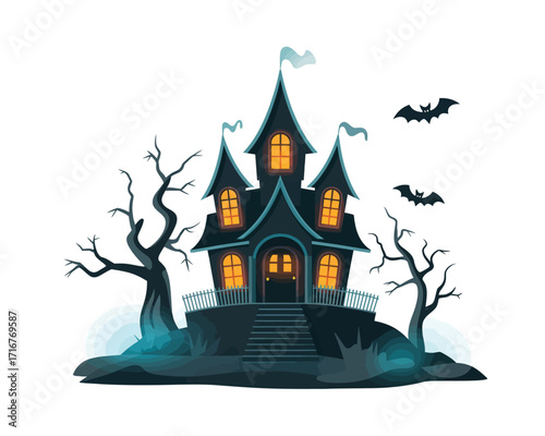 Spooky haunted mansion with glowing windows and bats flying around