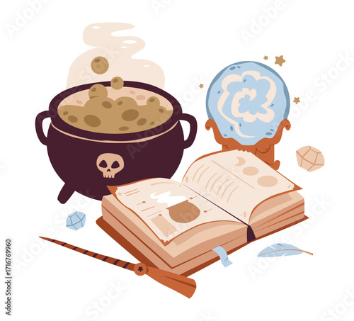 Spellbook, cauldron, and crystal ball with potions and wands. Perfect for Halloween magic and witchcraft. Gothic mystic set with grimoire, ritual objects.