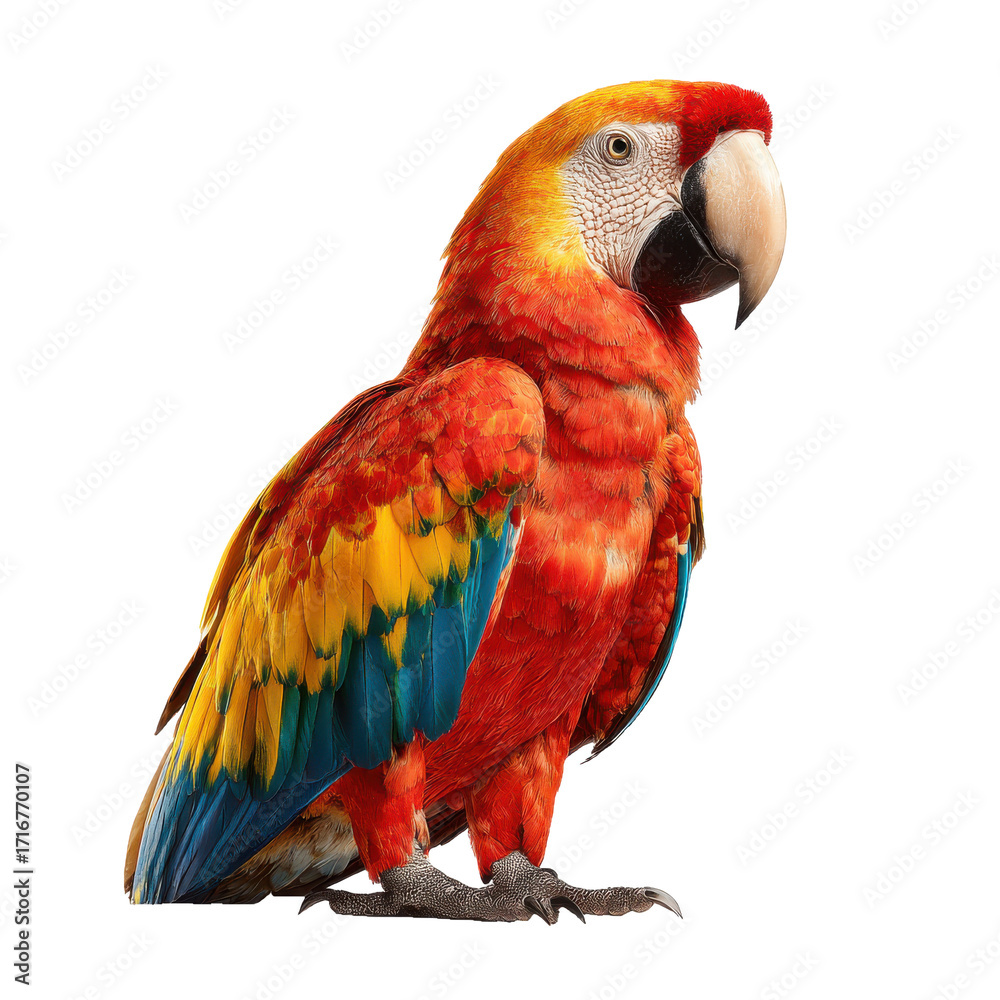 Fototapeta premium Vibrant scarlet macaw parrot with red yellow and blue feathers perched and isolated on transparent background
