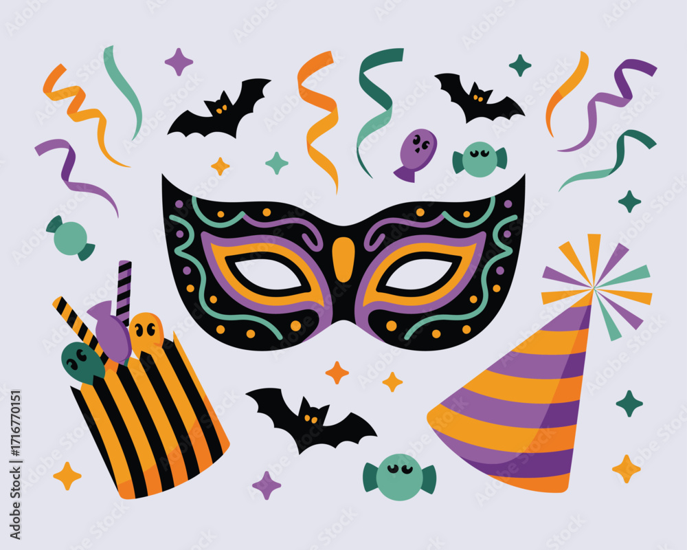 Obraz premium Festive halloween party elements with mask confetti and bats