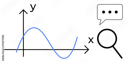 Graph with X and Y axes, wave line, magnifying glass, and speech bubble highlighting analysis, communication, trends, research. Ideal for science statistics strategy education insight. Simple