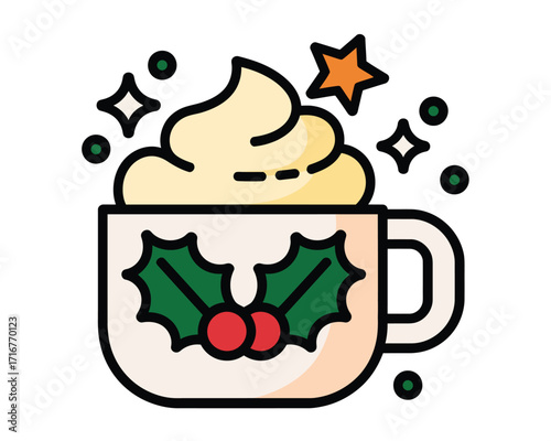 Festive christmas mug with whipped cream and holly berries