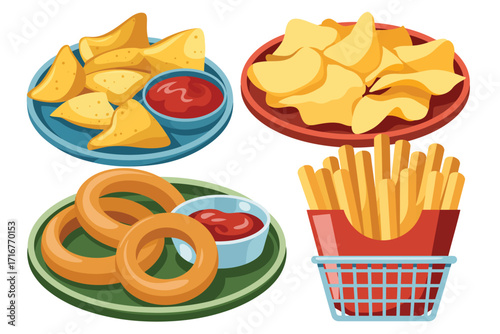 Assortment of delicious fried snacks with ketchup and dipping sauce