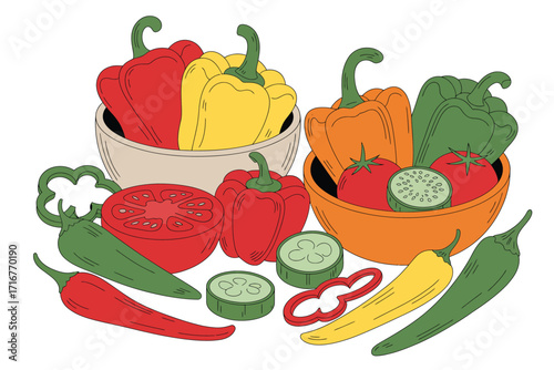 Colorful assortment of fresh vegetables including peppers tomatoes and cucumbers