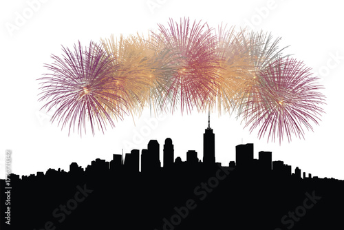 Colorful fireworks explode over a city skyline at night