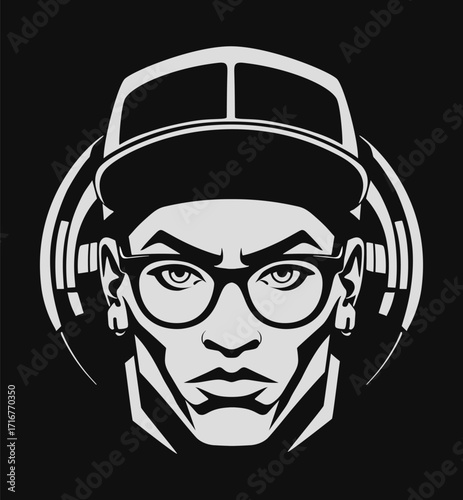 Modern minimalist logo of a man head with cap, large headphones, and sleek glasses. Perfect for AI music apps, streaming platforms, DJ tech branding, and modern podcast covers. Style of the 2000s