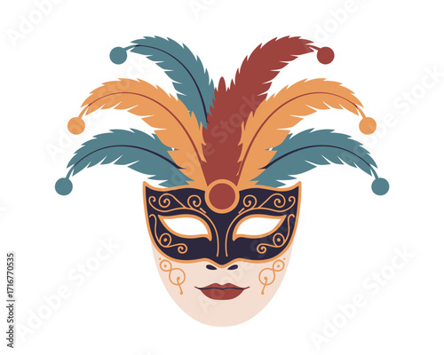 Colorful venetian masquerade mask with feathers and face illustration