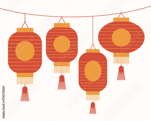 Traditional red chinese lanterns hanging on a string for celebration