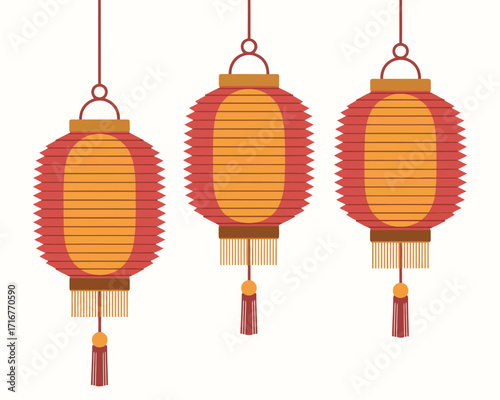 Three traditional red and orange chinese lanterns hanging