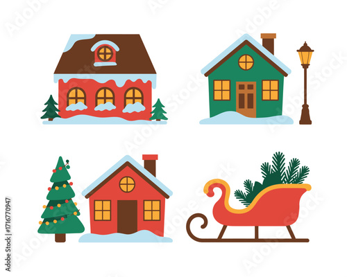 Charming winter village scene with houses christmas tree and sleigh