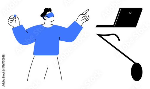 Person in VR headset pointing at laptop with a controller, engaging in virtual interaction. Ideal for technology, innovation, education, training, gaming, creativity and futuristic design. Simple