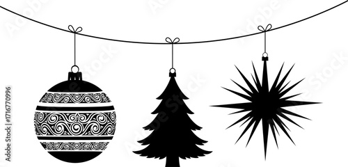 Silhouette of Christmas ornaments and tree hanging on a string decoration holiday