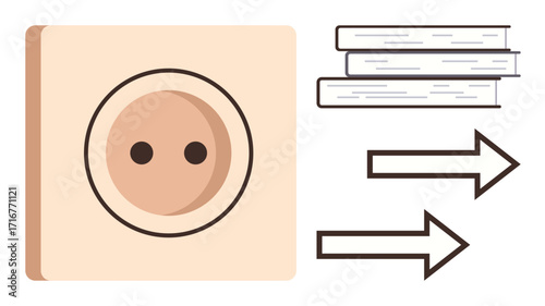 Electrical power outlet paired with a stack of books and directional arrows. Ideal for energy, education, learning, direction, progress, knowledge transfer, decision-making. A simple flat metaphor