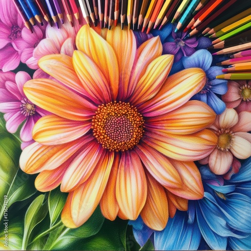 Vibrant floral arrangement with colorful pencils evokes creativity and artistic expression perfect for back to school and arts and crafts promotions