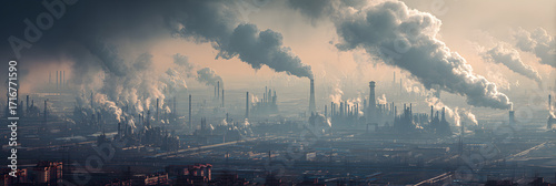 Industrial Cityscape: A long shot view of an industrial cityscape, a visual narrative of smoke billowing from numerous factory stacks, illustrating the impact of industry on the environment.