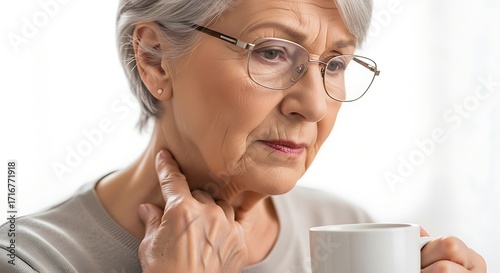 Senior woman with glasses touches her throat holding a warm beverage possibly feeling unwell