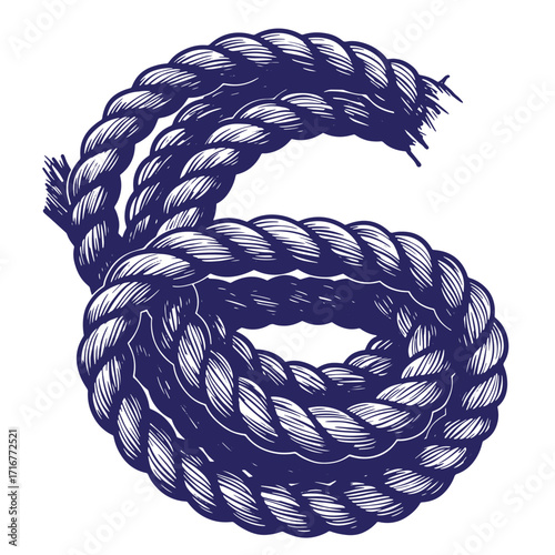 Hand drawn illustration of a stylized number six crafted from nautical rope on white background