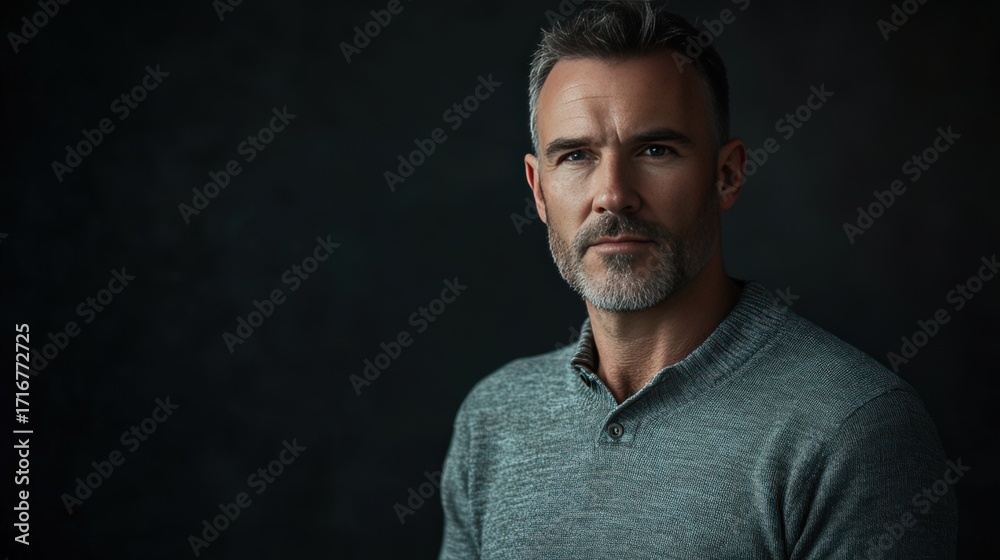 Fototapeta premium Portrait of a Mature Man with a Beard in a Dark Setting, Exuding Confidence and Wisdom