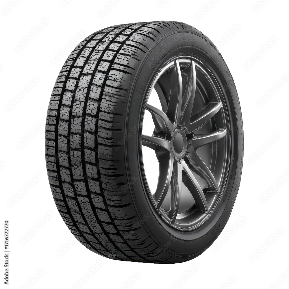 Obraz premium A detailed close up of a modern car tire with a sleek alloy wheel showcasing its deep tread pattern and robust construction isolated on transparent background