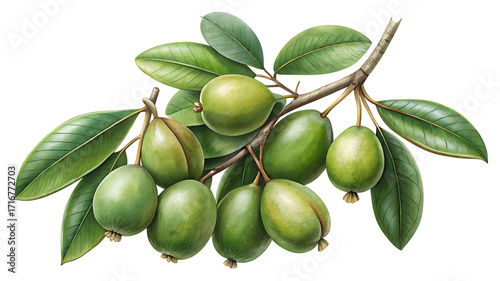 Wallpaper Mural Watercolor illustration of feijoa branch isolated on transparent background, showcasing the fruits unique shape and vibrant green color, botanical art Torontodigital.ca