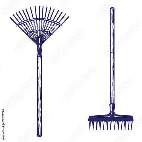 Hand drawn illustration of two rakes in outline suitable for gardening or yard work