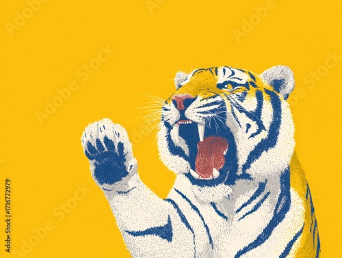 Roaring Bengal tiger with paw raised in vibrant yellow background, symbolizing strength, power, and fierce determination with striking graphic design appeal