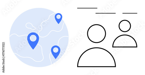 Blue geolocation pins on a globe map paired with abstract user icons, representing global reach, communication, networking, user location, business connections, collaboration, and digital