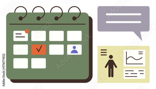 Calendar with marked dates, speech bubble for collaboration, and card with user stats and charts. Ideal for planning, scheduling, teamwork, analytics, time management, communication simple flat