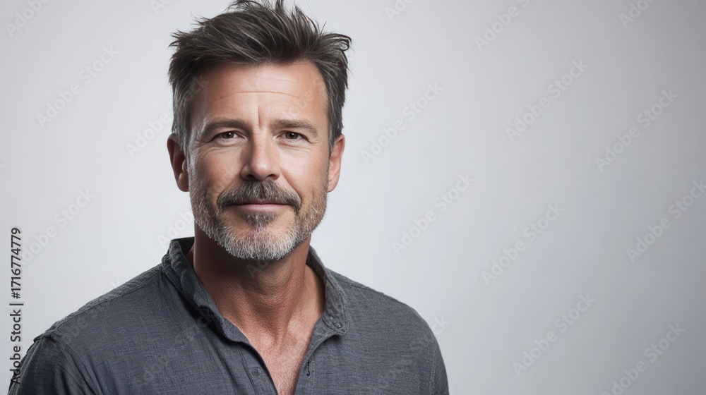 Fototapeta premium Confident Middle-Aged Man with Stylish Hair and a Warm Smile in a Studio Setting