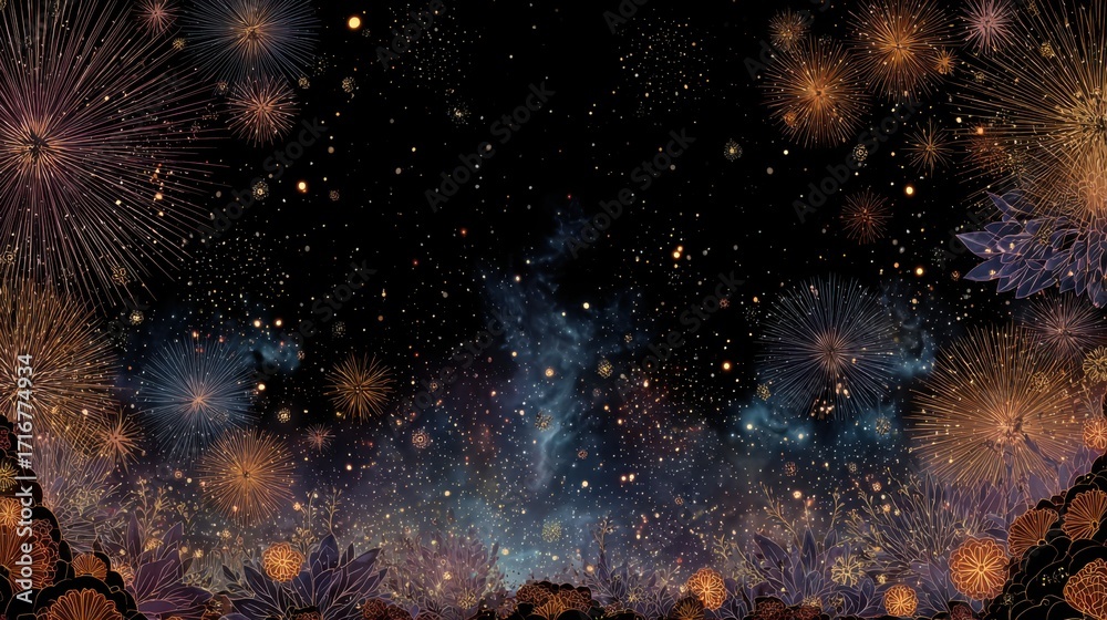 Fototapeta premium Colorful fireworks illuminate the night sky with vibrant bursts of light and energy