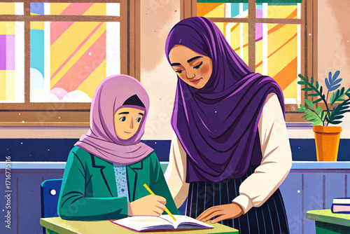 Vector illustration of a teacher helping a female student wearing hijab during lesson, symbolizing education, diversity, inclusion, academic support, and classroom guidance in modern learning.