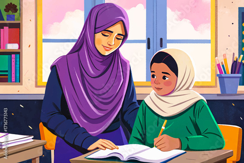 Vector illustration of a teacher helping a female student wearing hijab during lesson, symbolizing education, diversity, inclusion, academic support, and classroom guidance in modern learning.