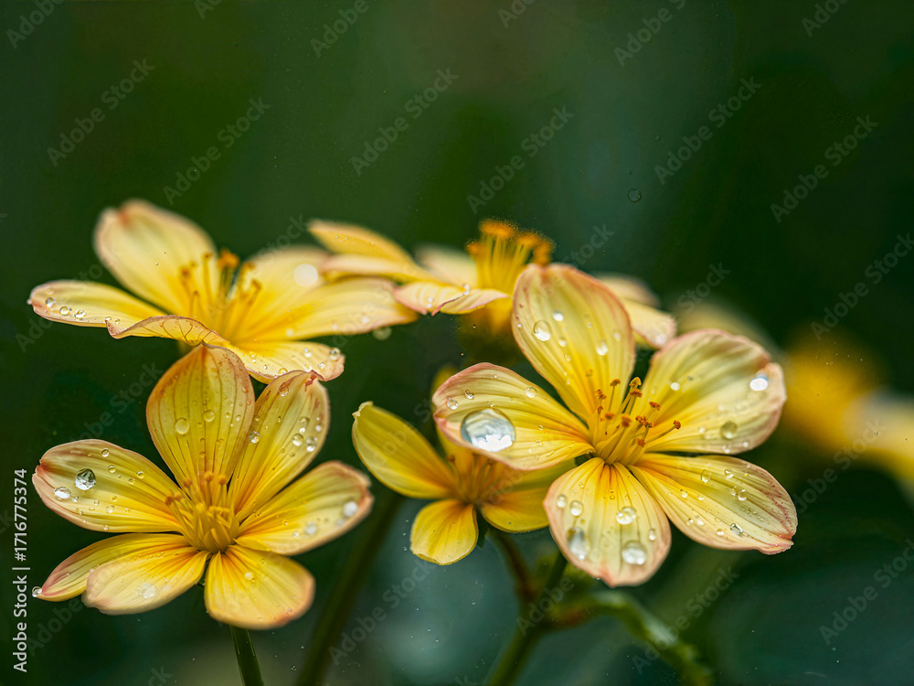 Fototapeta premium Yellow Flowers with Dew Drops in Morning Light