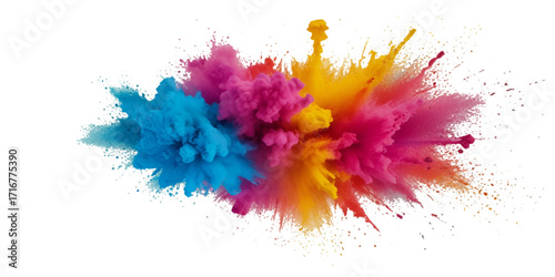 Vector watercolor rainbow multicolor splatter design background. Multicolored rainbow explosion of cloud powder paint holi decoration isolated on transparent background	