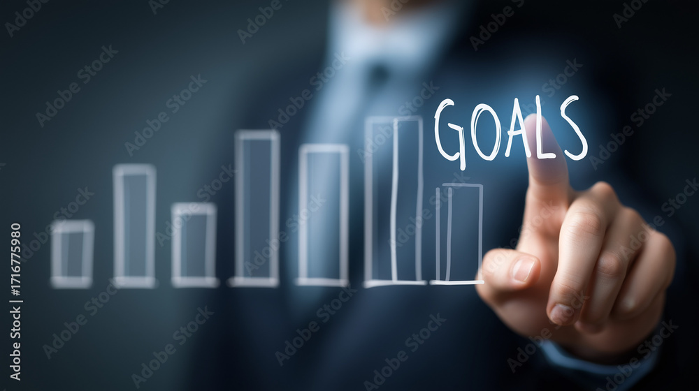 Naklejka premium Business professional showing progress towards goals with finger on digital screen in corporate setting